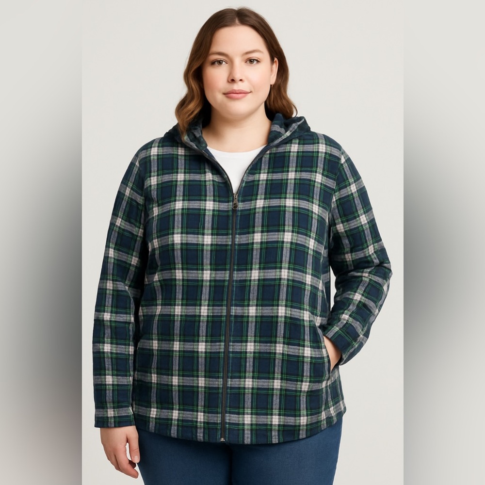 L.L. Bean jacket flannel lightweight hoodie zip Scotch plaid green blue white 1X